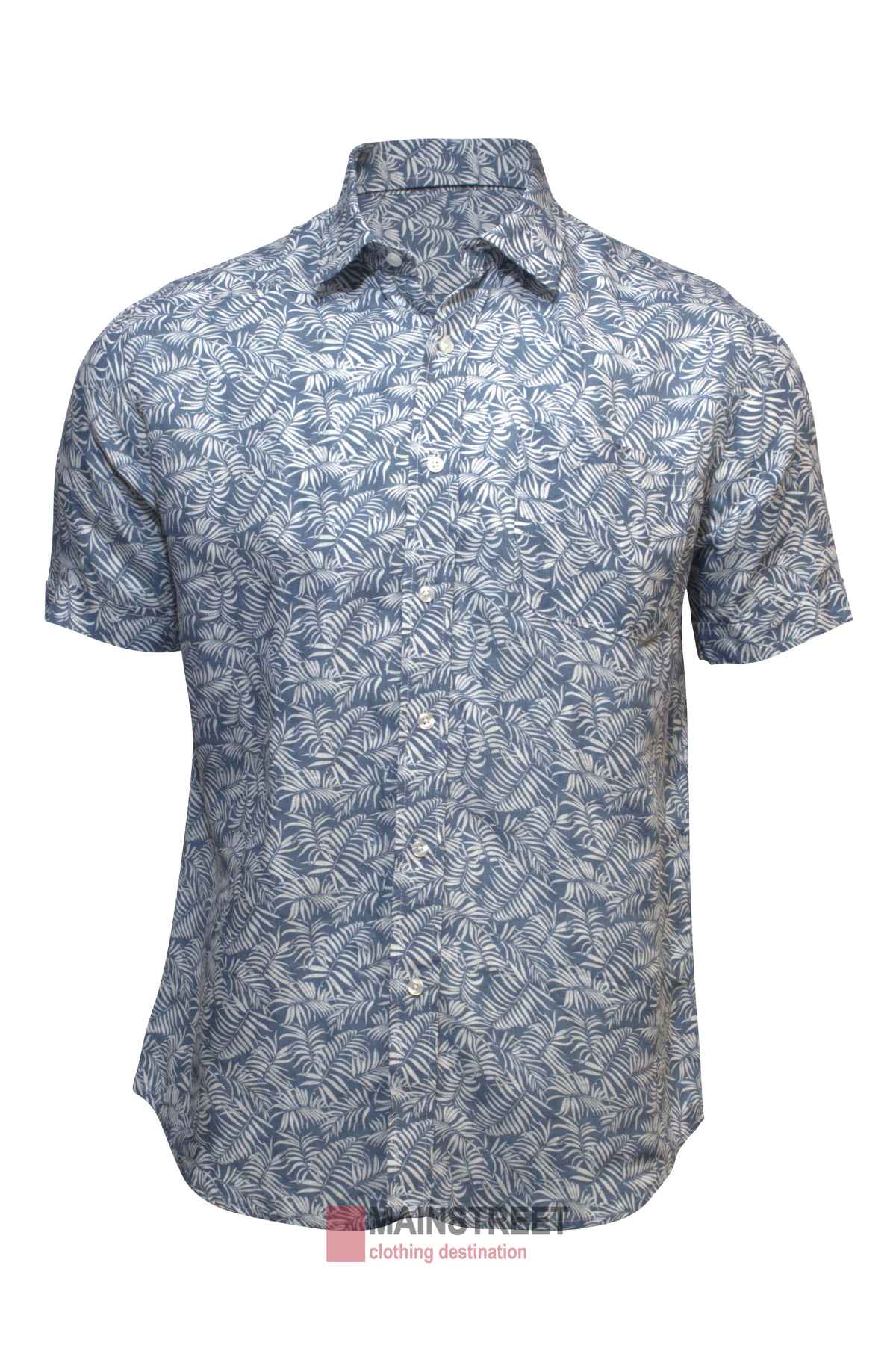 The Back Bay Linen Print Short Sleeve Shirt is a blue and white button-up featuring an intricate leaf pattern, perfect for a tropical summer vibe. Displayed on a plain background, its design stands out beautifully.