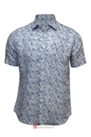 The Back Bay Linen Print Short Sleeve Shirt is a blue and white button-up featuring an intricate leaf pattern, perfect for a tropical summer vibe. Displayed on a plain background, its design stands out beautifully.