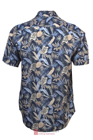 Back view of the Back Bay Linen Print Short Sleeve Shirt, a lightweight summer shirt with blue, beige, and green tropical leaf and plant patterns on a dark background.