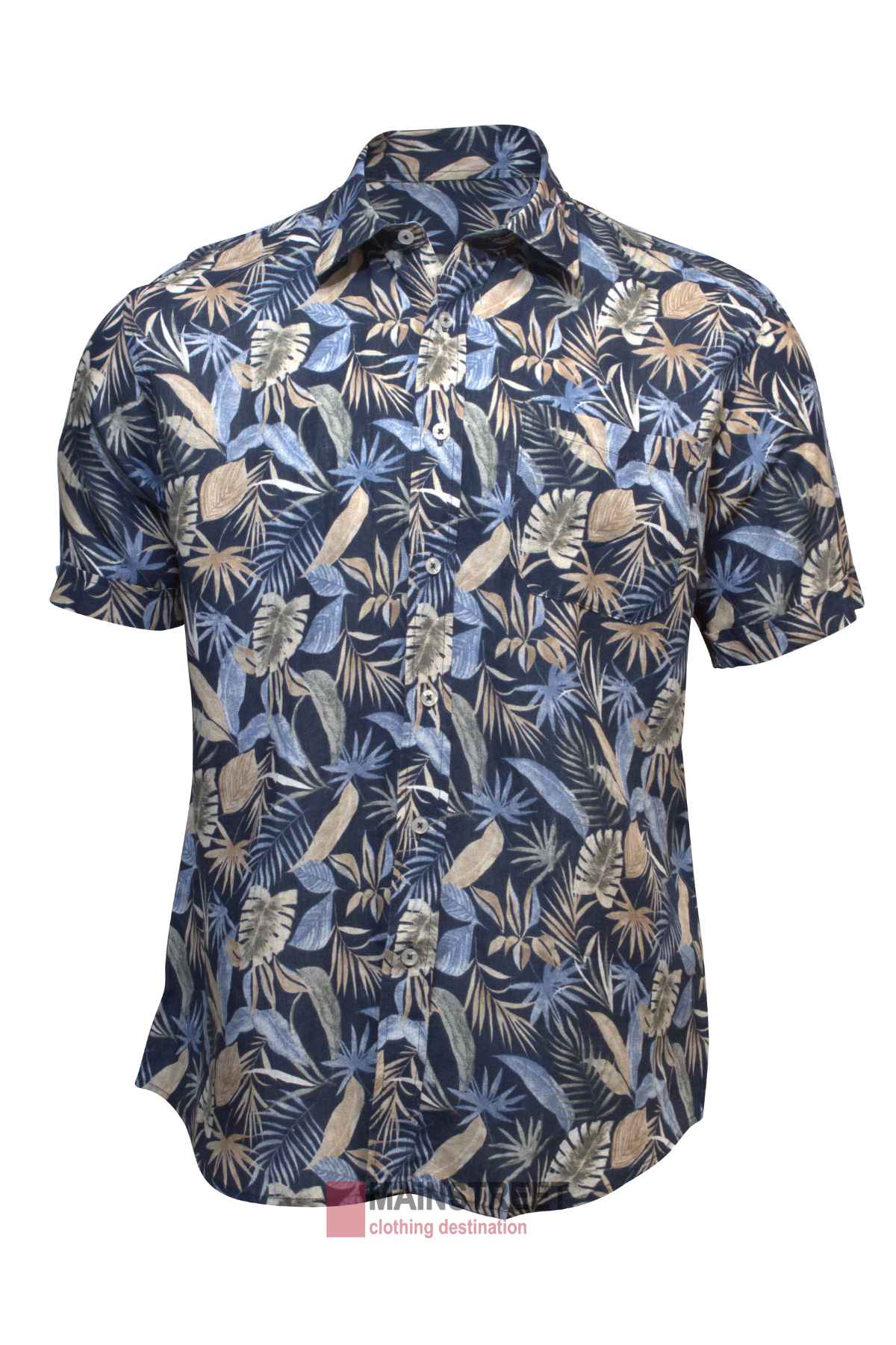 The Back Bay Linen Print Short Sleeve Shirt features a blue base with an all-over tropical leaf print in beige, brown, and light blue. This lightweight summer shirt has a collar and is shown on a white background.