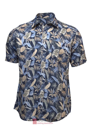 The Back Bay Linen Print Short Sleeve Shirt features a blue base with an all-over tropical leaf print in beige, brown, and light blue. This lightweight summer shirt has a collar and is shown on a white background.