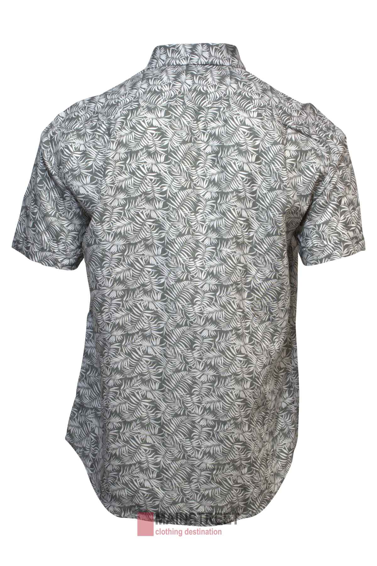 Back view of the Back Bay Linen Print Short Sleeve Shirt, featuring a gray and white tropical leaf print, classic collar, and curved hem.