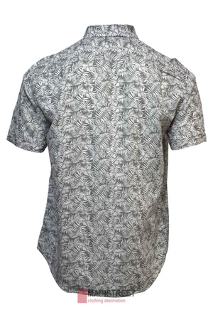 Back view of the Back Bay Linen Print Short Sleeve Shirt, featuring a gray and white tropical leaf print, classic collar, and curved hem.