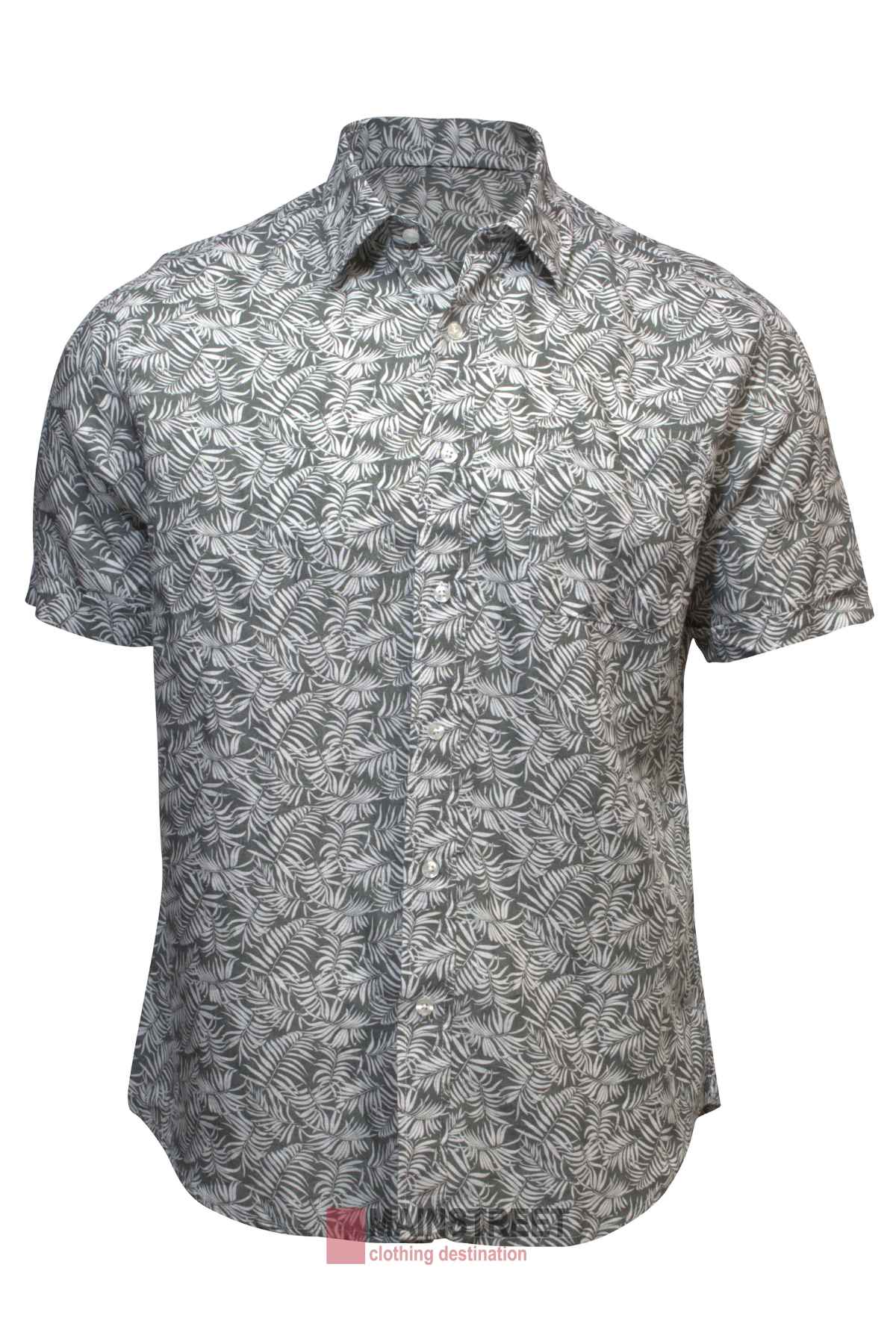 The Back Bay Linen Print Short Sleeve Shirt features a collar and an all-over white and gray leaf pattern on a light background. This summer-ready button-up is shown on a plain white backdrop.
