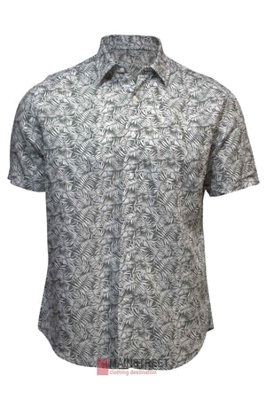 The Back Bay Linen Print Short Sleeve Shirt features a collar and an all-over white and gray leaf pattern on a light background. This summer-ready button-up is shown on a plain white backdrop.