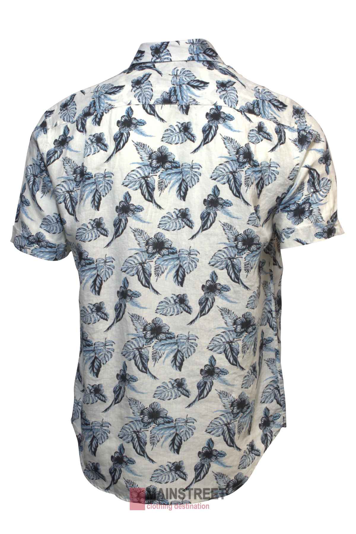 The Back Bay Linen Print Short Sleeve Shirt showcases a parrot and tropical leaf pattern in blue and gray on white. This summer shirt is displayed from the back, highlighting its collar and relaxed fit, ideal for warm days.