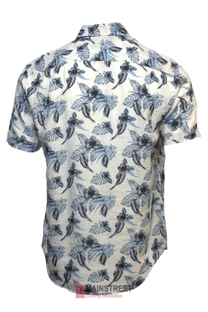 The Back Bay Linen Print Short Sleeve Shirt showcases a parrot and tropical leaf pattern in blue and gray on white. This summer shirt is displayed from the back, highlighting its collar and relaxed fit, ideal for warm days.