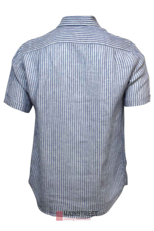 The back view of the Back Bay Linen Stripe Short Sleeve Shirt reveals a blue and white vertical stripe pattern on lightweight fabric, ideal for casual outings. A logo at the bottom reads "Mainstreet Clothing Destination.