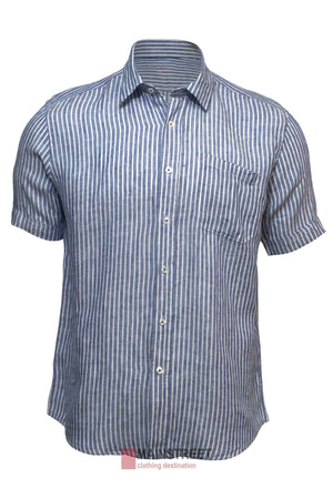 The Back Bay Linen Stripe Short Sleeve Shirt, featuring blue and white vertical stripes, short sleeves, buttons, and a front pocket, is perfect for warm weather. It is displayed on a white background.