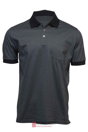 The Back Bay Mercerised Cotton Jacquard Polo is a gray men's shirt with a black collar and sleeve cuffs, featuring a front pocket and buttoned placket, all displayed on a white background.