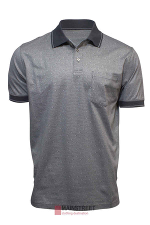 The Back Bay Mercerised Cotton Jacquard Polo is made from mercerised cotton, featuring a subtle pattern, short sleeves, a chest pocket, and a black collar. It showcases the "Mainstreet" logo at the bottom.