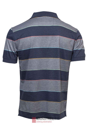 The Back Bay Mercerised Cotton Striped Polo features short sleeves, a collar, and horizontal stripes in grey, blue, and pink. Displayed from the rear on a white background.
