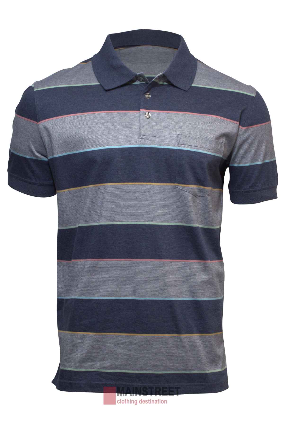 The Back Bay Mercerised Cotton Striped Polo for men features a classic short-sleeve design with navy, gray, and light blue horizontal stripes accented by faint red lines. It includes a refined collar and neckline buttons, blending casual elegance.