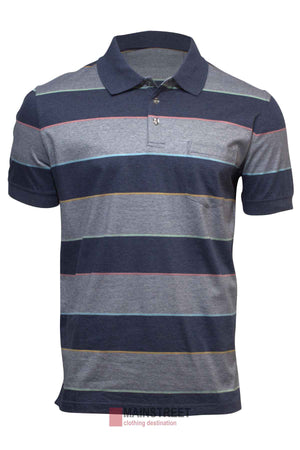 The Back Bay Mercerised Cotton Striped Polo for men features a classic short-sleeve design with navy, gray, and light blue horizontal stripes accented by faint red lines. It includes a refined collar and neckline buttons, blending casual elegance.