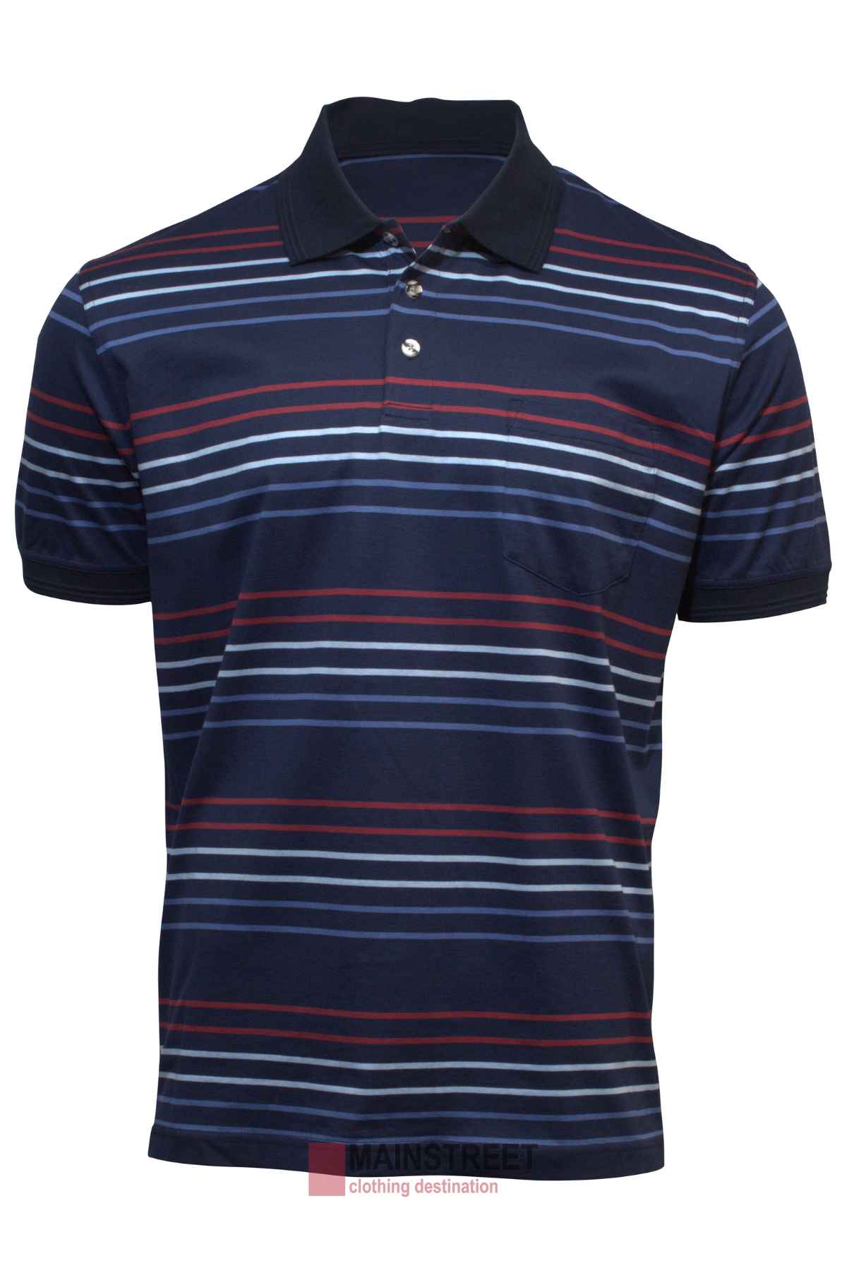 The Back Bay Mercerised Cotton Striped Polo is a navy blue men's shirt with white, light blue, and red stripes, black collar, chest pocket, and two-button neckline. Made from soft mercerised cotton.