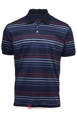 The Back Bay Mercerised Cotton Striped Polo is a navy blue men's shirt with white, light blue, and red stripes, black collar, chest pocket, and two-button neckline. Made from soft mercerised cotton.