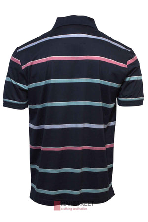 The Back Bay Mercerised Cotton Striped Polo is a men's short-sleeve, dark polo featuring horizontal pink, light blue, and white stripes, shown from the back.