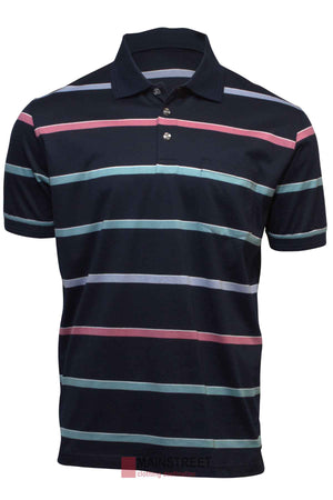 The Back Bay Mercerised Cotton Striped Polo is a navy blue men's shirt with a collar, thin pink, light blue, and white stripes, a buttoned placket, and a chest pocket for classic style.