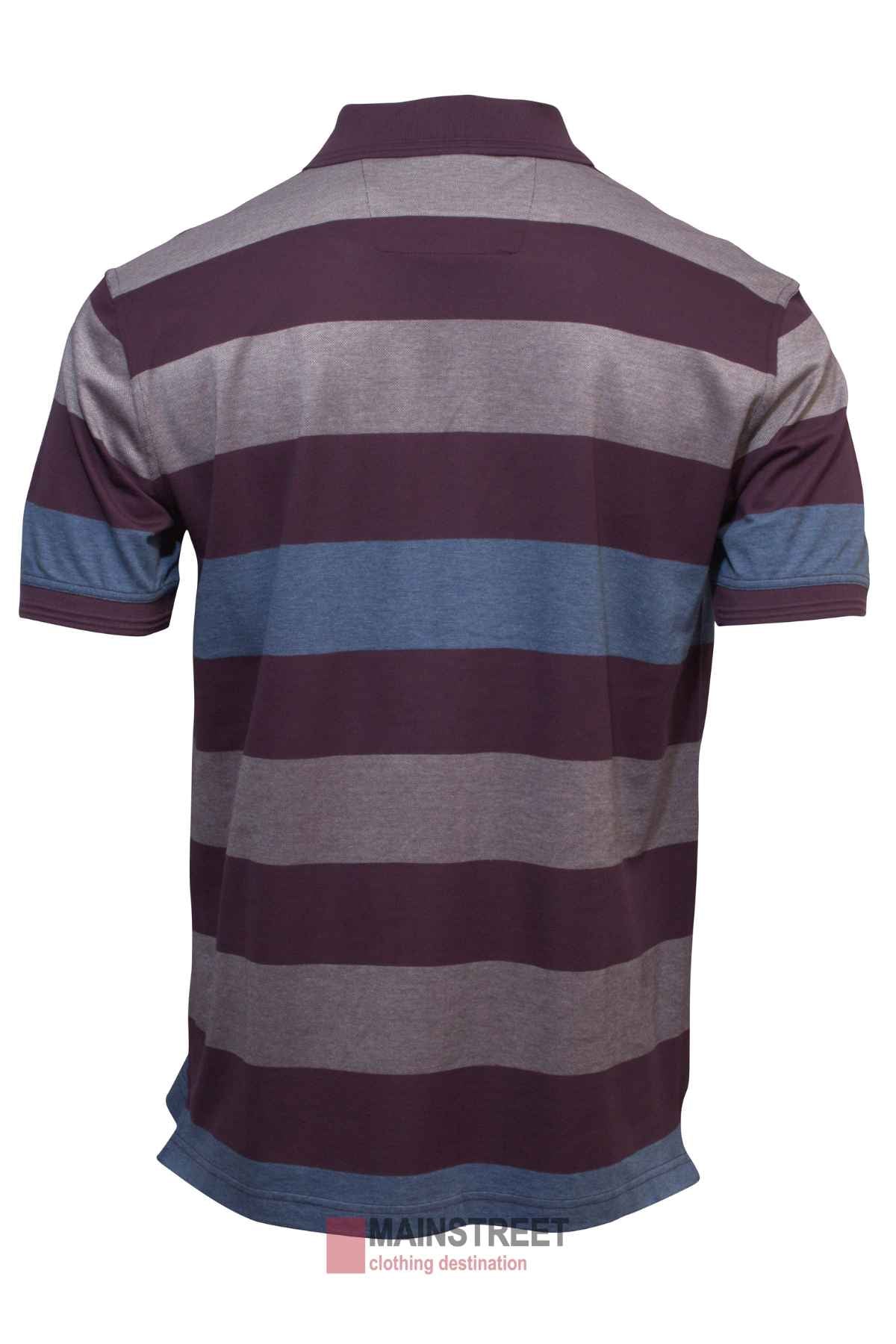 The Back Bay Mercerised Cotton Jacquard Polo features a back view of its short-sleeved, collared design with wide horizontal stripes in dark purple, gray, and blue. Made from mercerised cotton, it's tagged "Mainstreet Clothing Destination" at the bottom.