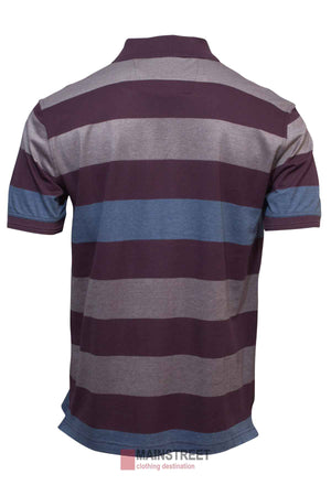 The Back Bay Mercerised Cotton Jacquard Polo features a back view of its short-sleeved, collared design with wide horizontal stripes in dark purple, gray, and blue. Made from mercerised cotton, it's tagged "Mainstreet Clothing Destination" at the bottom.