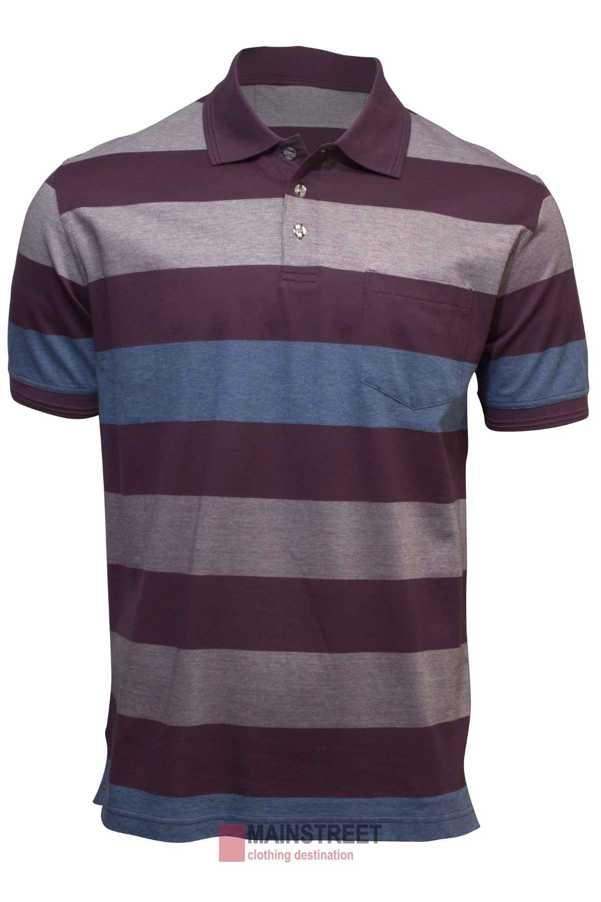 The Back Bay Mercerised Cotton Jacquard Polo for men boasts wide horizontal stripes in maroon, gray, and blue on smooth fabric. It features short sleeves, a three-button placket collar, and a left chest pocket, elegantly displayed against a plain white backdrop.