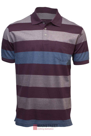 The Back Bay Mercerised Cotton Jacquard Polo for men boasts wide horizontal stripes in maroon, gray, and blue on smooth fabric. It features short sleeves, a three-button placket collar, and a left chest pocket, elegantly displayed against a plain white backdrop.