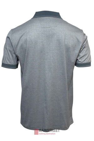 The Back Bay Mercerised Cotton Jacquard Polo for men features a gray dotted pattern, dark gray collar and cuffs, is shown from the back, and has the Mainstreet Clothing Destination logo at the bottom.