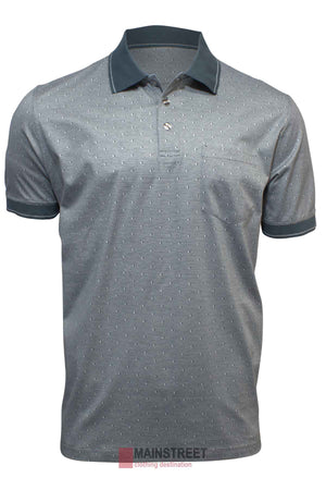 The Back Bay Mercerised Cotton Jacquard Polo for men comes in light grey with a subtle dotted jacquard pattern, dark grey collar and cuffs, three-button neckline, and a chest pocket.