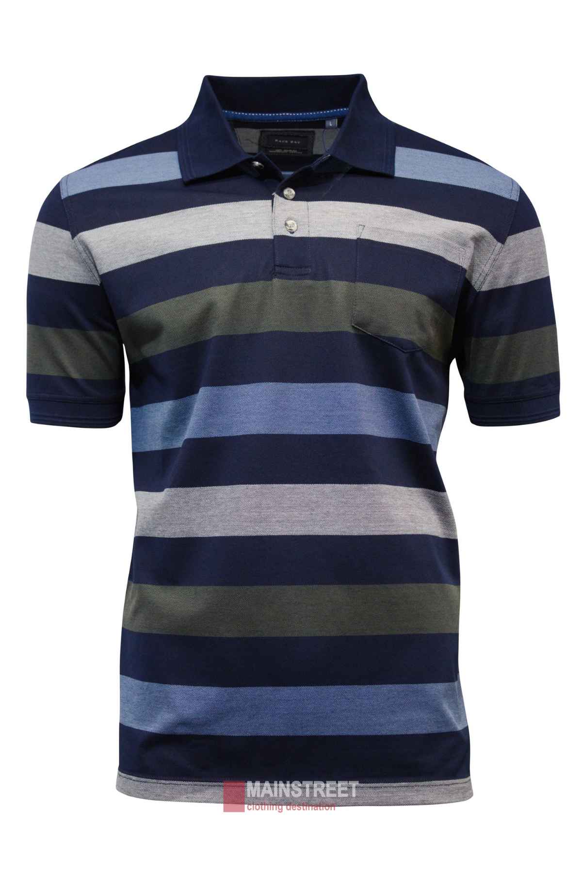 The Back Bay Mercerised Cotton Striped Polo is a comfortable men's short-sleeve shirt with horizontal navy blue, light blue, gray, and olive green stripes. It features a collar and buttoned placket for a casual look, displayed against a white background.