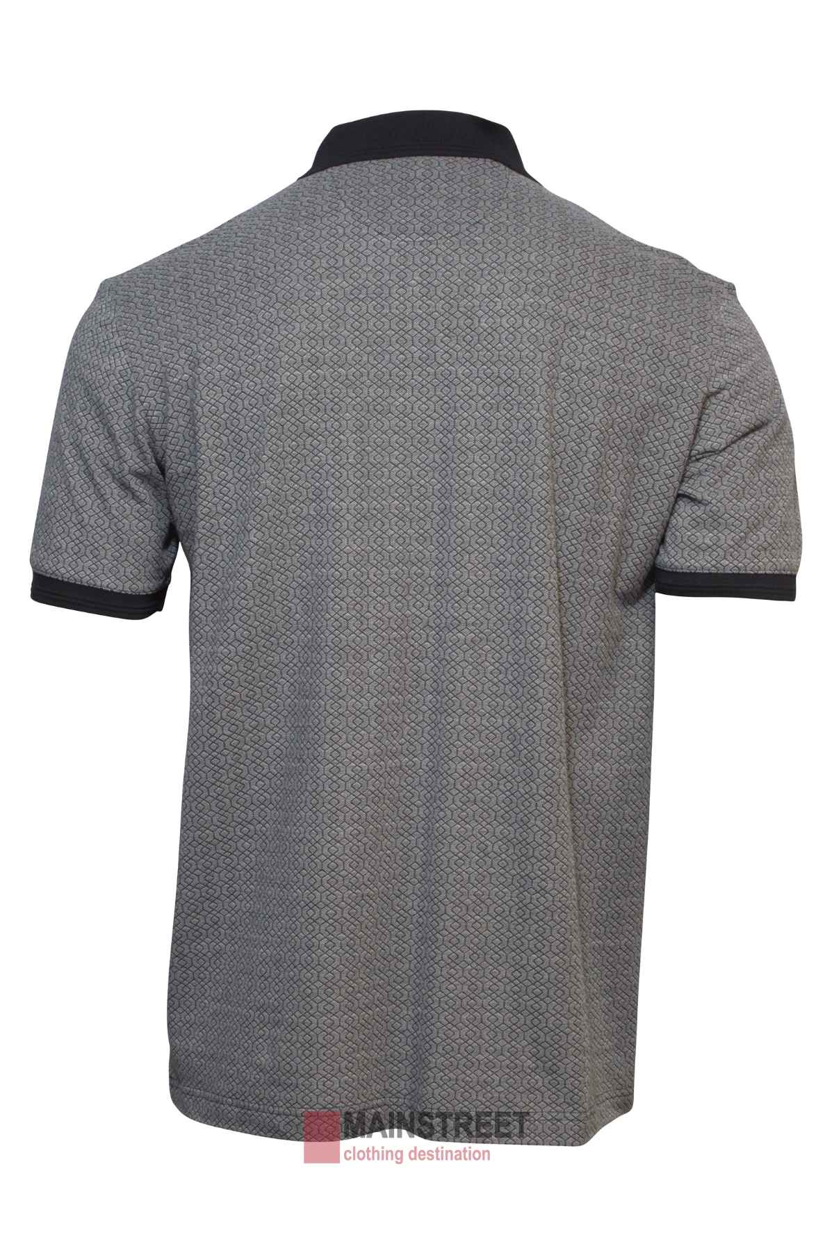 Back view of the Back Bay Pima Cotton Jacquard Polo in gray, ideal for the stylish gentleman. It showcases a subtle jacquard pattern with black collar and sleeve cuffs, set against a plain white background.
