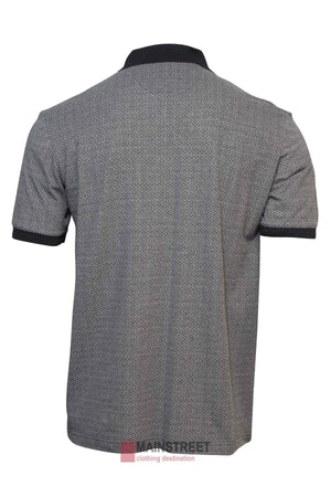 Back view of the Back Bay Pima Cotton Jacquard Polo in gray, ideal for the stylish gentleman. It showcases a subtle jacquard pattern with black collar and sleeve cuffs, set against a plain white background.