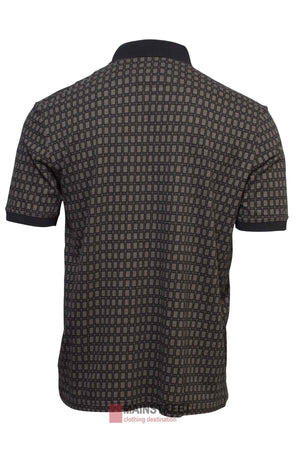 Back view of the Back Bay Pima Cotton Jacquard Polo with a black collar and sophisticated jacquard pattern of small gray and black squares.
