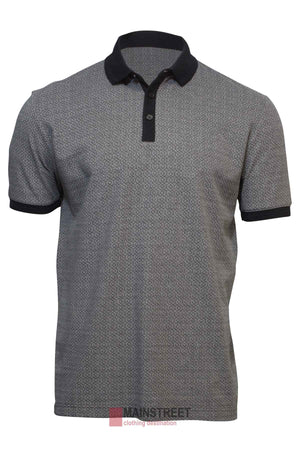 Discover the Back Bay Pima Cotton Jacquard Polo: a gray short-sleeve shirt featuring a subtle jacquard pattern with black collar and cuffs. Crafted for the stylish gentleman, it boasts a buttoned placket for an effortlessly sophisticated look.