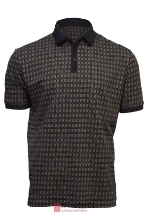 The Back Bay Pima Cotton Jacquard Polo stylishly combines comfort and sophistication with a trendy black and gray square pattern, black collar, and three-button placket on short sleeves.