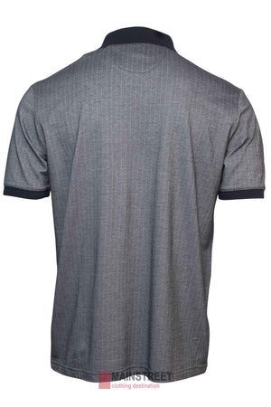 Back view of the Back Bay Pima Cotton Jacquard Polo—a stylish short-sleeve gray polo with a black collar and sleeve cuffs, accented by a subtle vertical stripe jacquard pattern.