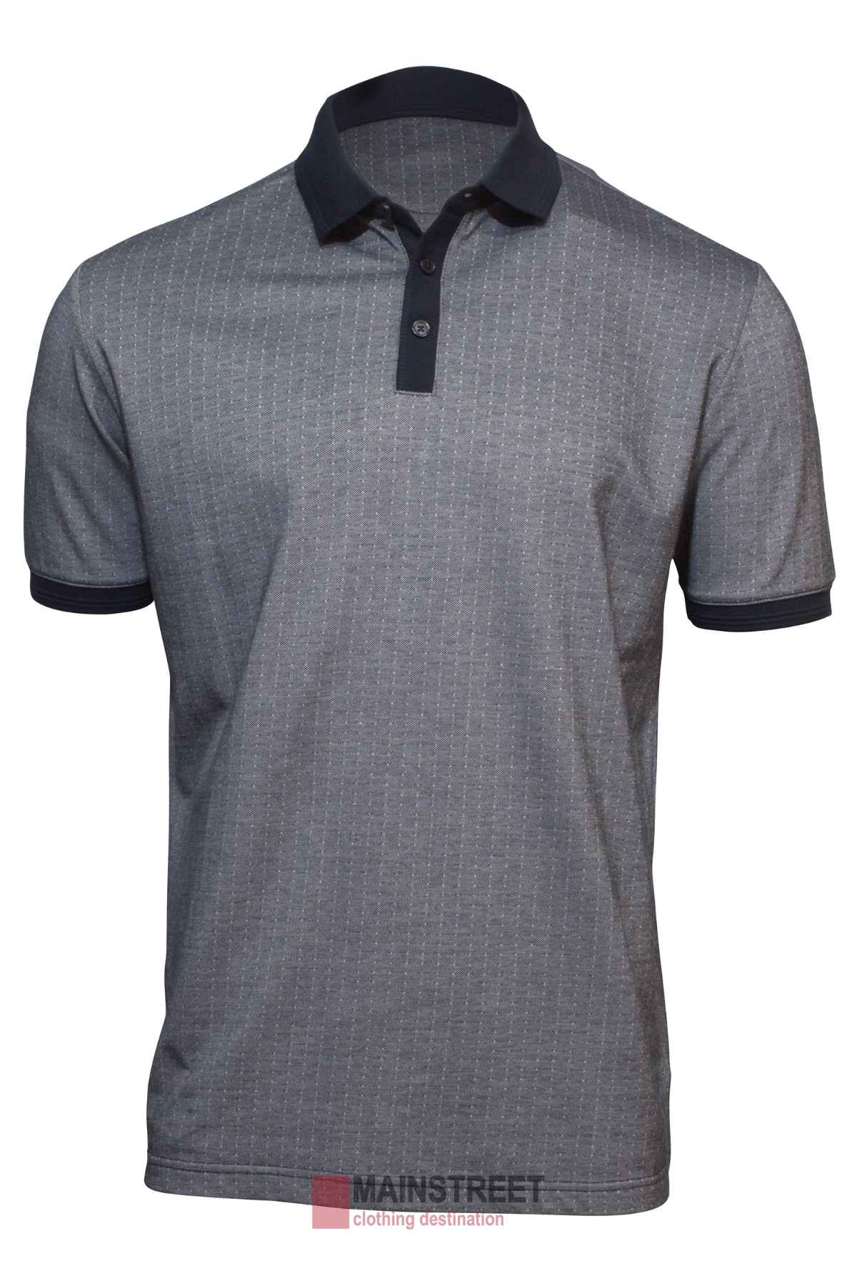 The Back Bay Pima Cotton Jacquard Polo is a short-sleeved, grey polo with a subtle jacquard pattern, black collar and cuffs, and buttoned neck—ideal for the stylish gentleman.