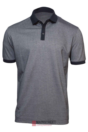 The Back Bay Pima Cotton Jacquard Polo is a short-sleeved, grey polo with a subtle jacquard pattern, black collar and cuffs, and buttoned neck—ideal for the stylish gentleman.