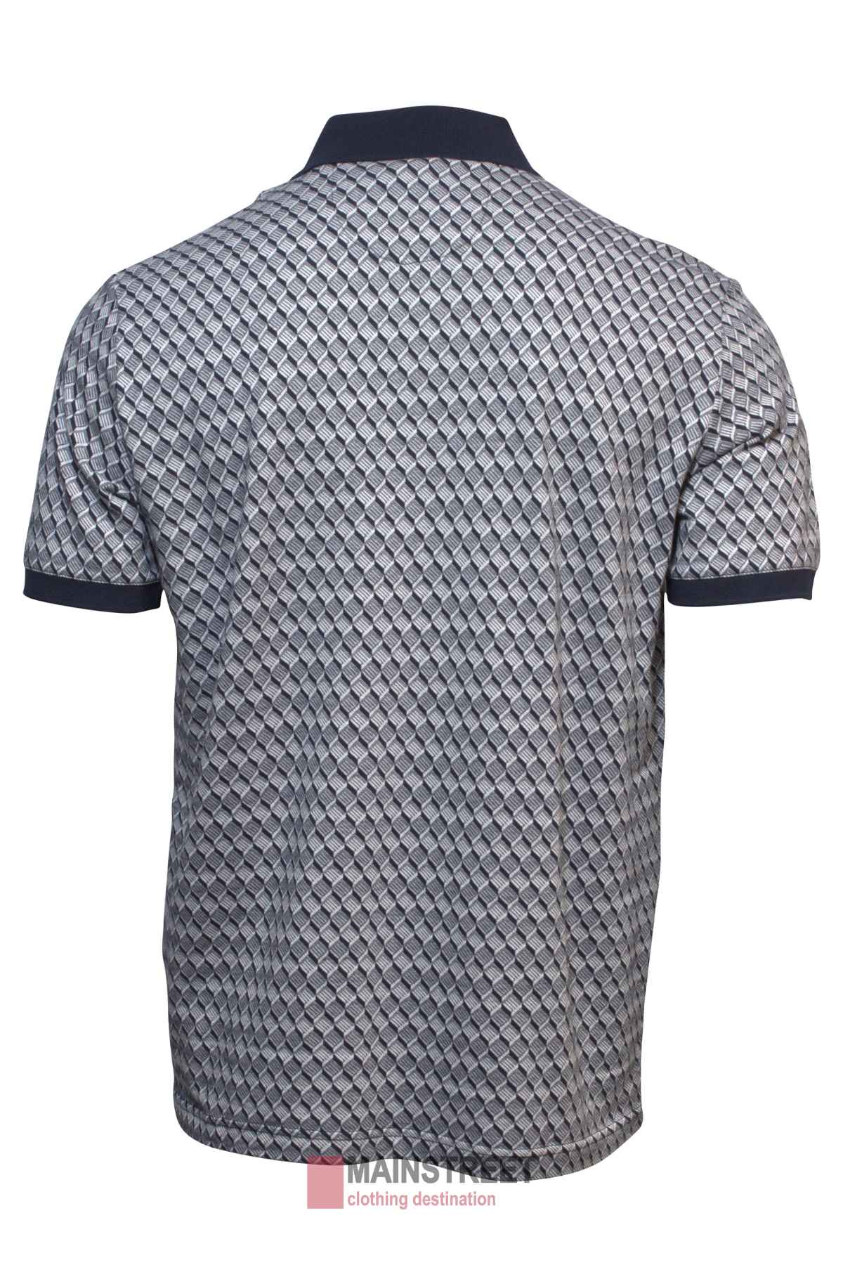 The Back Bay Pima Cotton Jacquard Polo is a stylish men's short-sleeve polo with a grey and white diamond pattern, dark navy trim on the collar and sleeve cuffs, shown from the back.