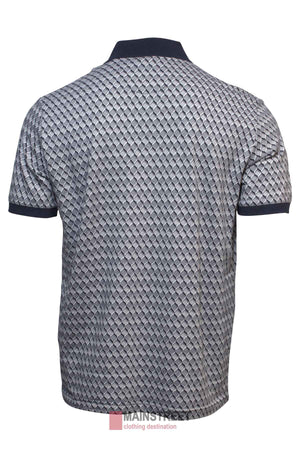 The Back Bay Pima Cotton Jacquard Polo is a stylish men's short-sleeve polo with a grey and white diamond pattern, dark navy trim on the collar and sleeve cuffs, shown from the back.