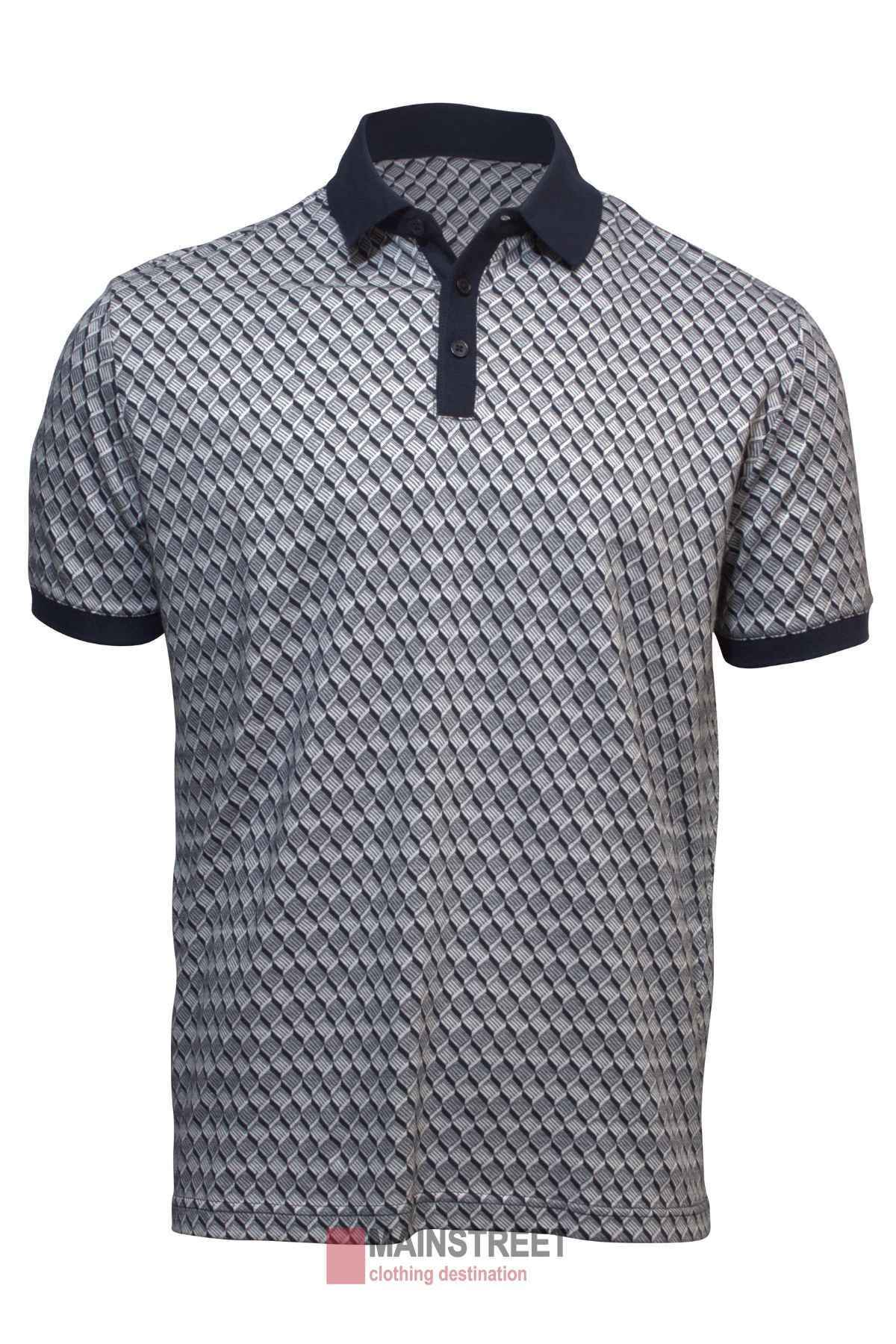 The Back Bay Pima Cotton Jacquard Polo features grey short sleeves, a black collar and cuffs, a repeating diamond pattern, and a three-button placket. This modern, fitted shirt is designed for the stylish gentleman.
