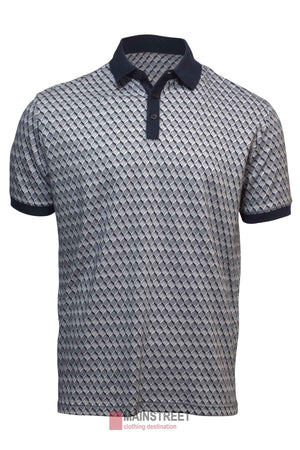 The Back Bay Pima Cotton Jacquard Polo features grey short sleeves, a black collar and cuffs, a repeating diamond pattern, and a three-button placket. This modern, fitted shirt is designed for the stylish gentleman.