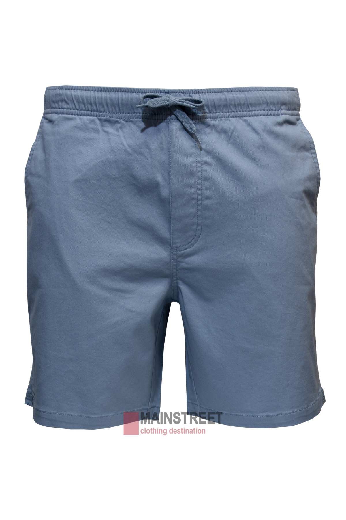 The Back Bay Stretch Cotton Drill Rugger Short is designed for comfort with its premium stretch cotton material, an elastic waistband, and two front pockets. The elegant blue drawstring design stands out against a plain background.