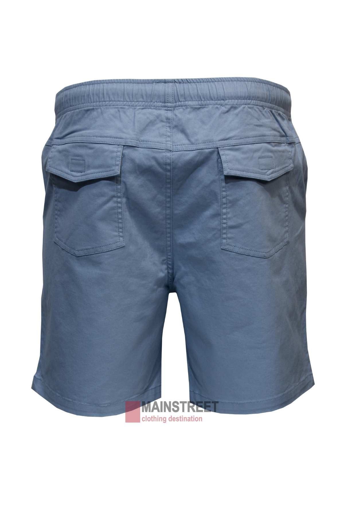 Back view of the Back Bay Stretch Cotton Drill Rugger Short, featuring a comfortable elastic waistband and two buttoned back pockets. Crafted from premium stretch cotton, with the Mainstreet clothing brand logo visible at the bottom.