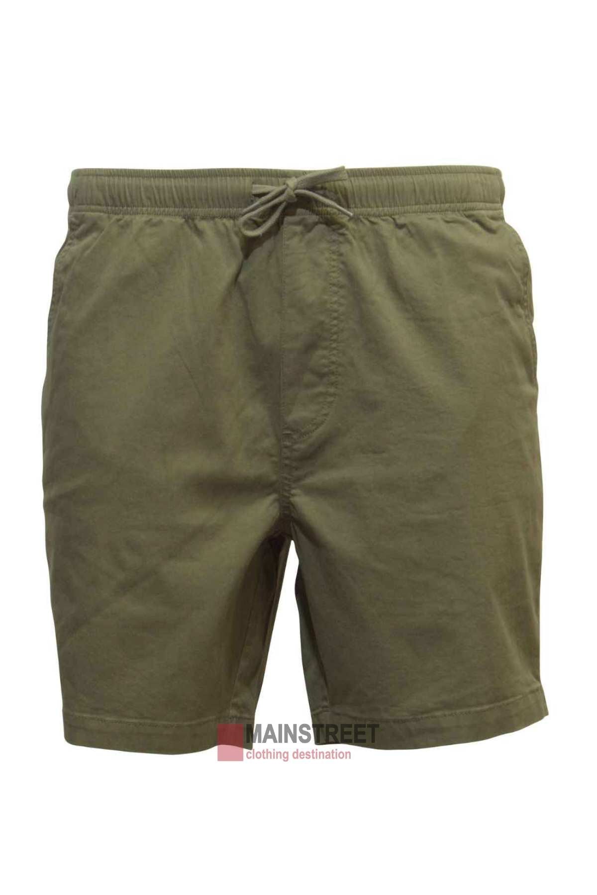 Back Bay Stretch Cotton Drill Rugger Short for men in olive green, featuring an elastic drawstring waist. Made from stretch cotton for comfort and everyday style. Displayed on a plain white background.
