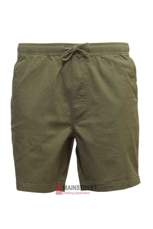 Back Bay Stretch Cotton Drill Rugger Short for men in olive green, featuring an elastic drawstring waist. Made from stretch cotton for comfort and everyday style. Displayed on a plain white background.