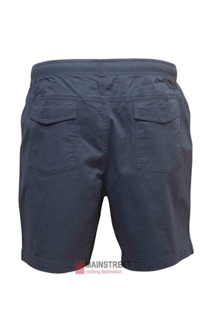 Rear view of Back Bay Stretch Cotton Drill Rugger Short in dark gray, featuring an elastic waistband and two back flap pockets. Made from premium stretch cotton, this lightweight fabric ensures comfort for everyday wear.