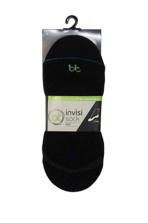 A pair from the Bamboo Invisi 2 Pack Sock collection is packaged featuring the logo and text emphasizing the moisture-wicking properties of bamboo fiber. Engineered for athletes, these socks made of antibacterial fabric include a top hook for convenient hanging.