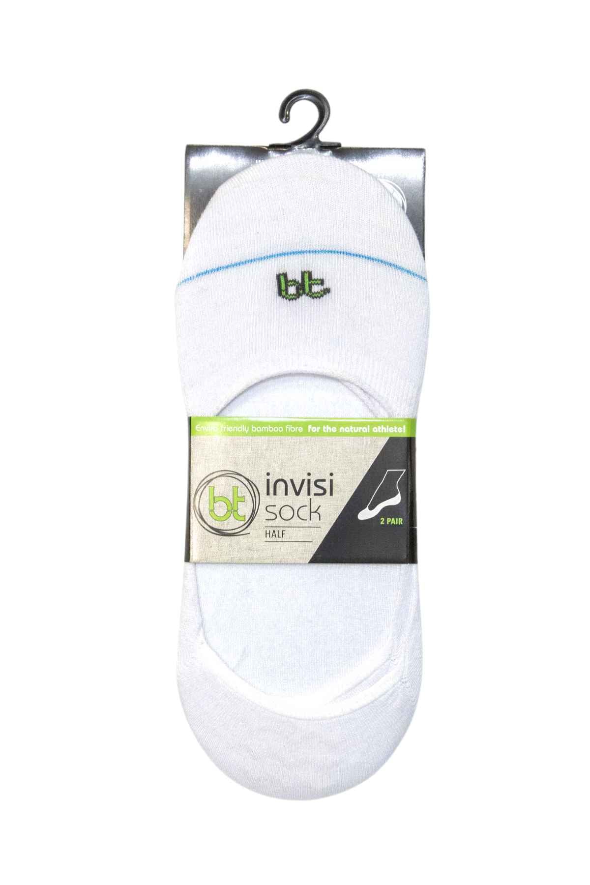A pair of white ankle socks from the Bamboo Invisi 2 Pack Sock collection is elegantly packaged on a hanger, showcasing a label that emphasizes its eco-friendly bamboo fiber. These antibacterial socks feature a small logo near the top and come in an appealing green and white packaging design.