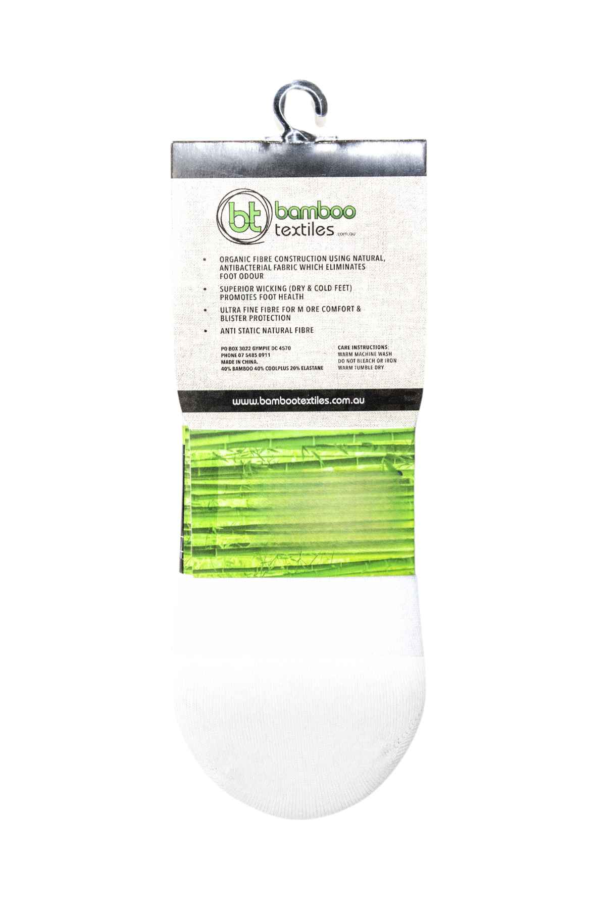The Bamboo Invisi 2 Pack Sock is showcased in packaging labeled "Bamboo Textiles," emphasizing benefits such as natural odor reduction, comfort, and featuring moisture-wicking and antibacterial fabric. A green bamboo design stands out on the packaging.