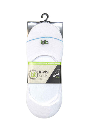 A pair of white ankle socks from the Bamboo Invisi 2 Pack Sock collection is elegantly packaged on a hanger, showcasing a label that emphasizes its eco-friendly bamboo fiber. These antibacterial socks feature a small logo near the top and come in an appealing green and white packaging design.